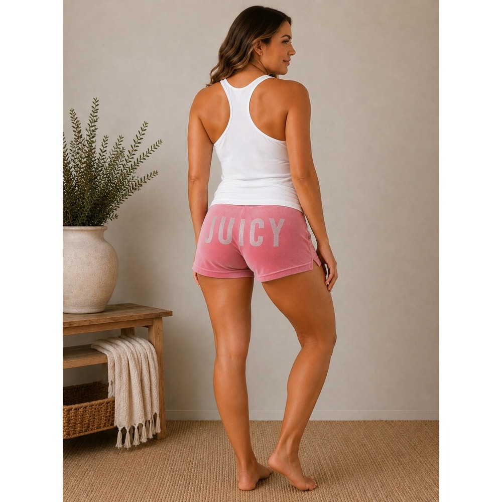 Vintage Juicy Couture Blushing Pink Velour Rhinestone Logo Shorts Y2K Large